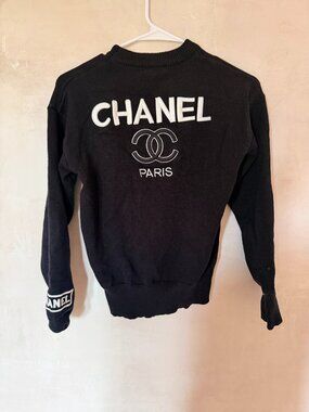 Chanel Inspo Black Knit Sweater with White Embroidery – Rare Vintage Style Small